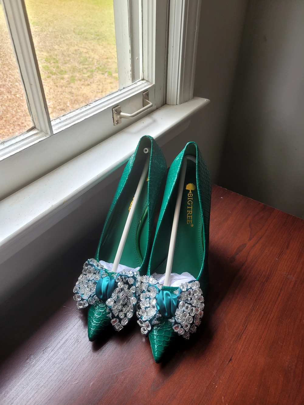 Bigtree Emerald Green Pointed Heels with Crystal Bow Accent